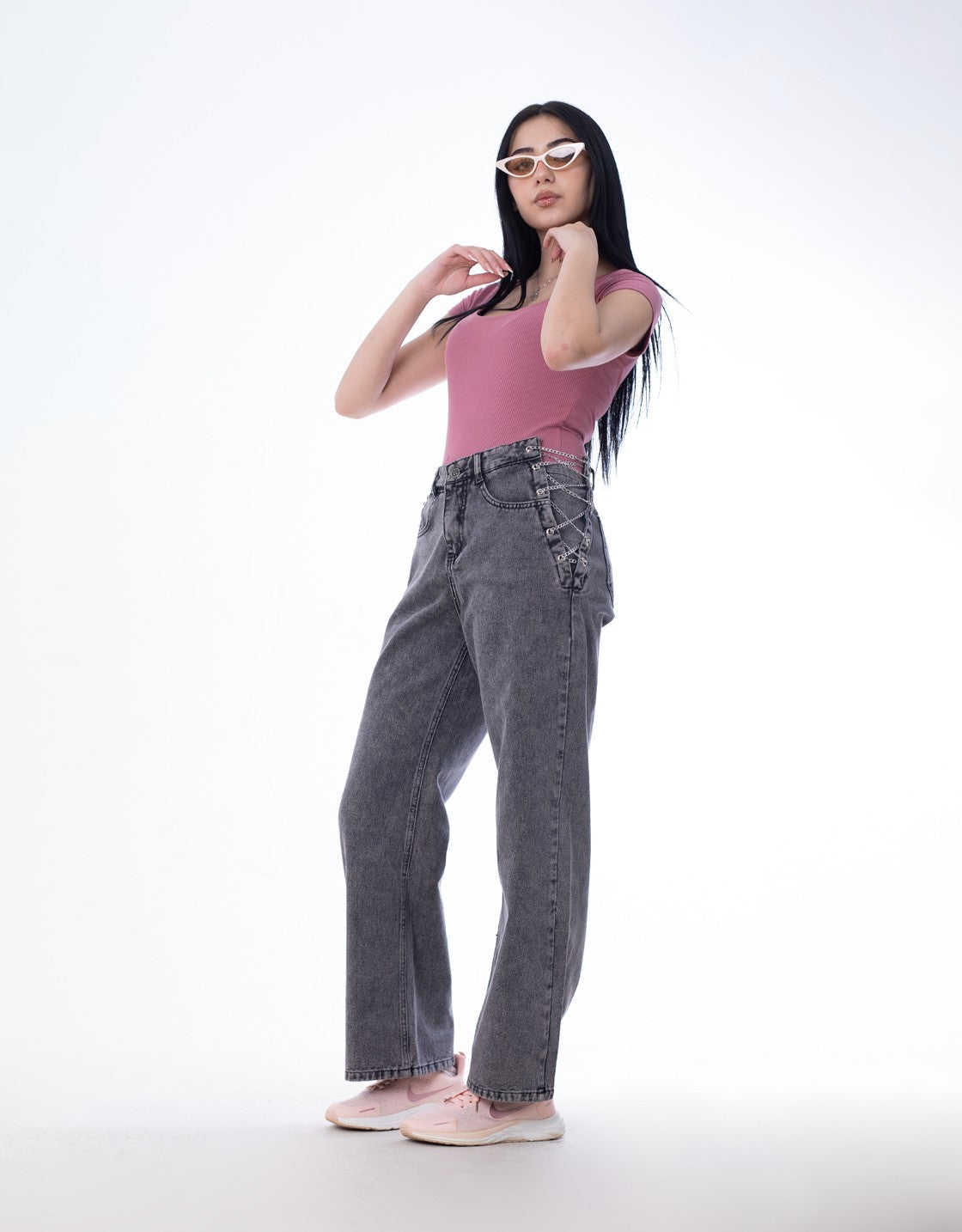 High Waist Eyelet Chain Detail Jeans Light Grey OB-616CBL