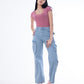 High Waist Flap Cargo Pocket Light Blue Jeans Pants OB-630C
