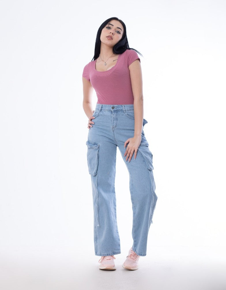 High Waist Flap Cargo Pocket Light Blue Jeans Pants OB-630C