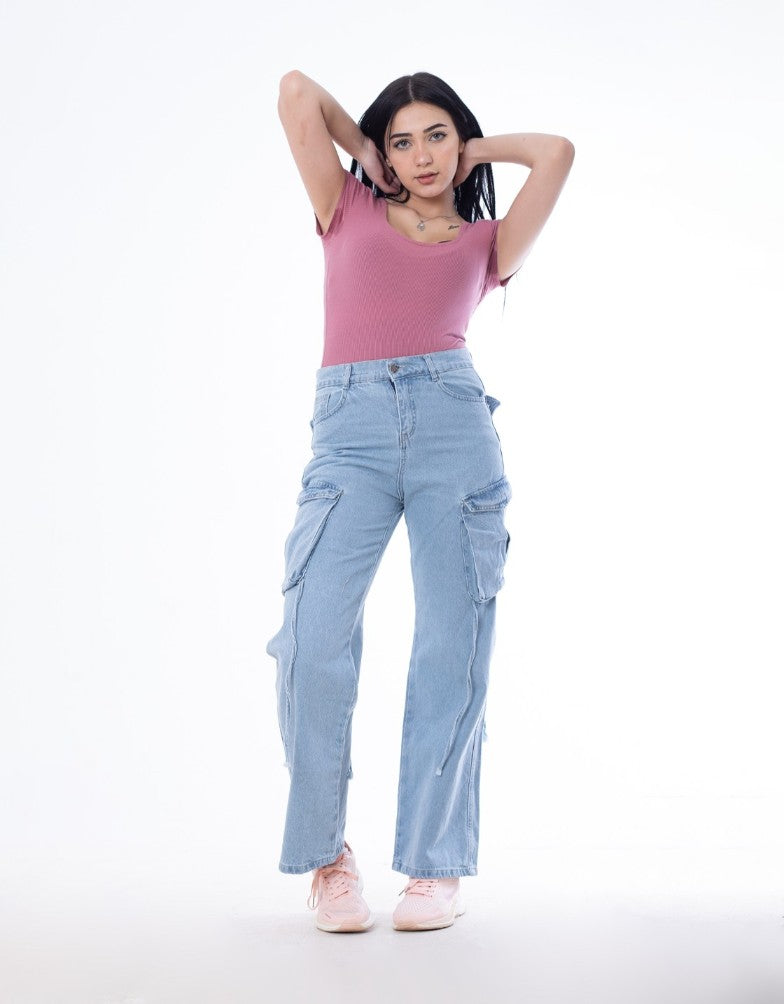 High Waist Flap Cargo Pocket Light Blue Jeans Pants OB-630C