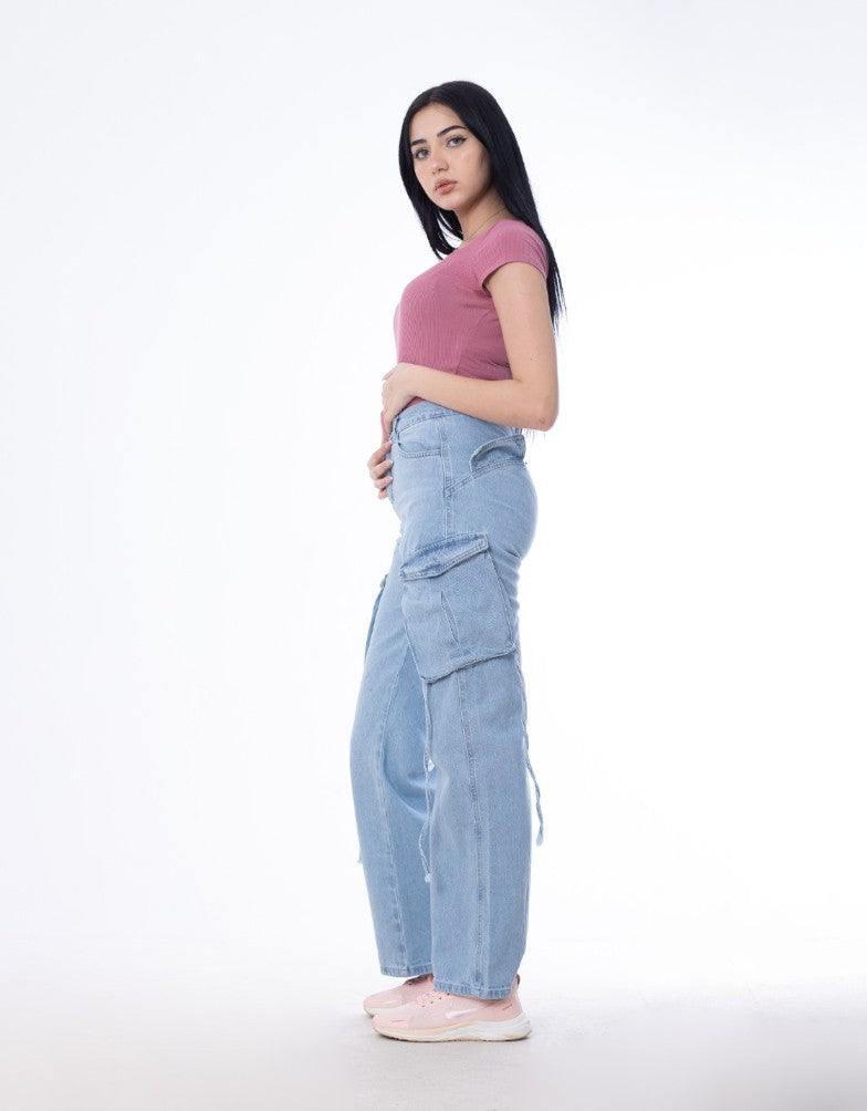 High Waist Flap Cargo Pocket Light Blue Jeans Pants OB-630C