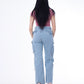 High Waist Flap Cargo Pocket Light Blue Jeans Pants OB-630C