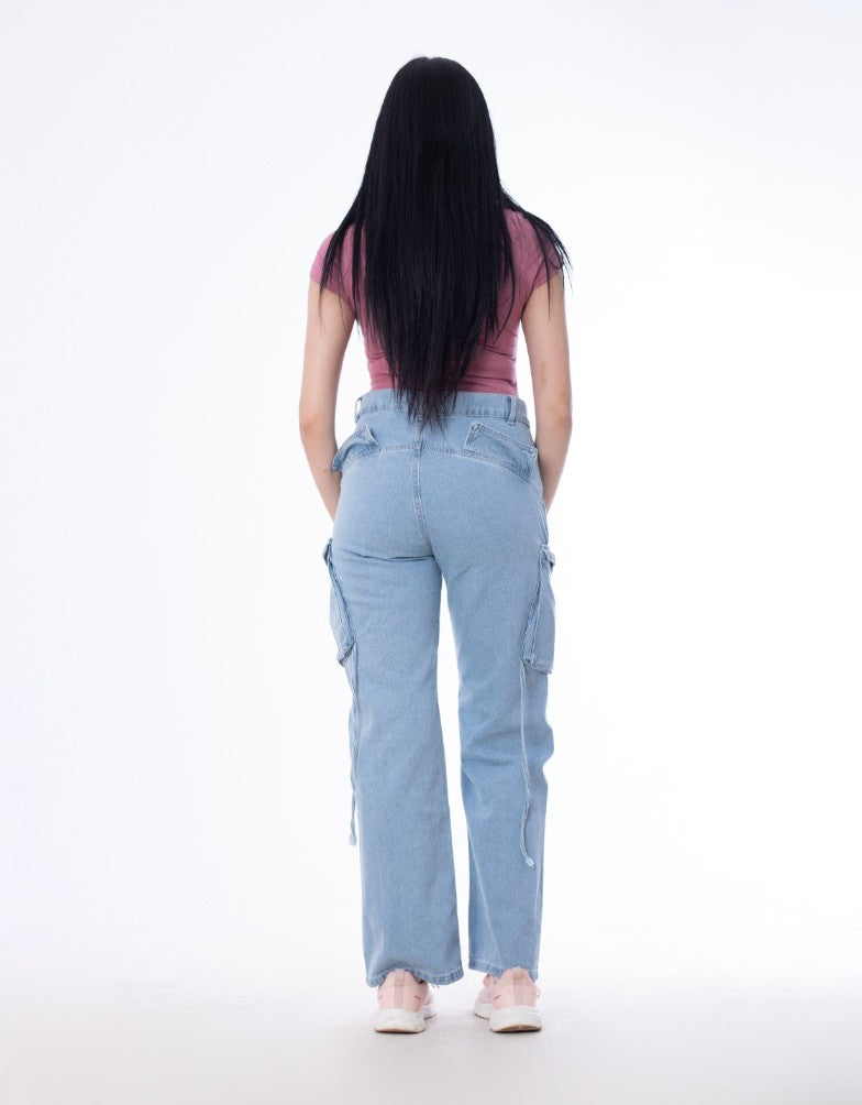 High Waist Flap Cargo Pocket Light Blue Jeans Pants OB-630C