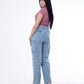 High Waist Flap Cargo Pocket Light Blue Jeans Pants OB-630C