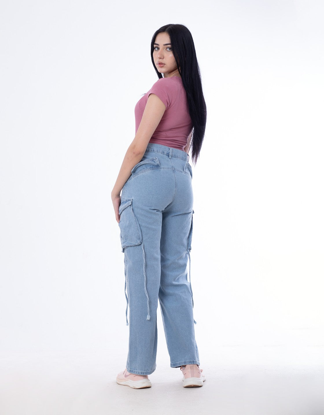 High Waist Flap Cargo Pocket Light Blue Jeans Pants OB-630C