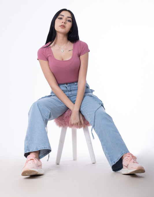 High Waist Flap Cargo Pocket Light Blue Jeans Pants OB-630C