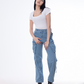 High Waist Flap Cargo Pocket Medium Blue Jeans Pants OB-630B