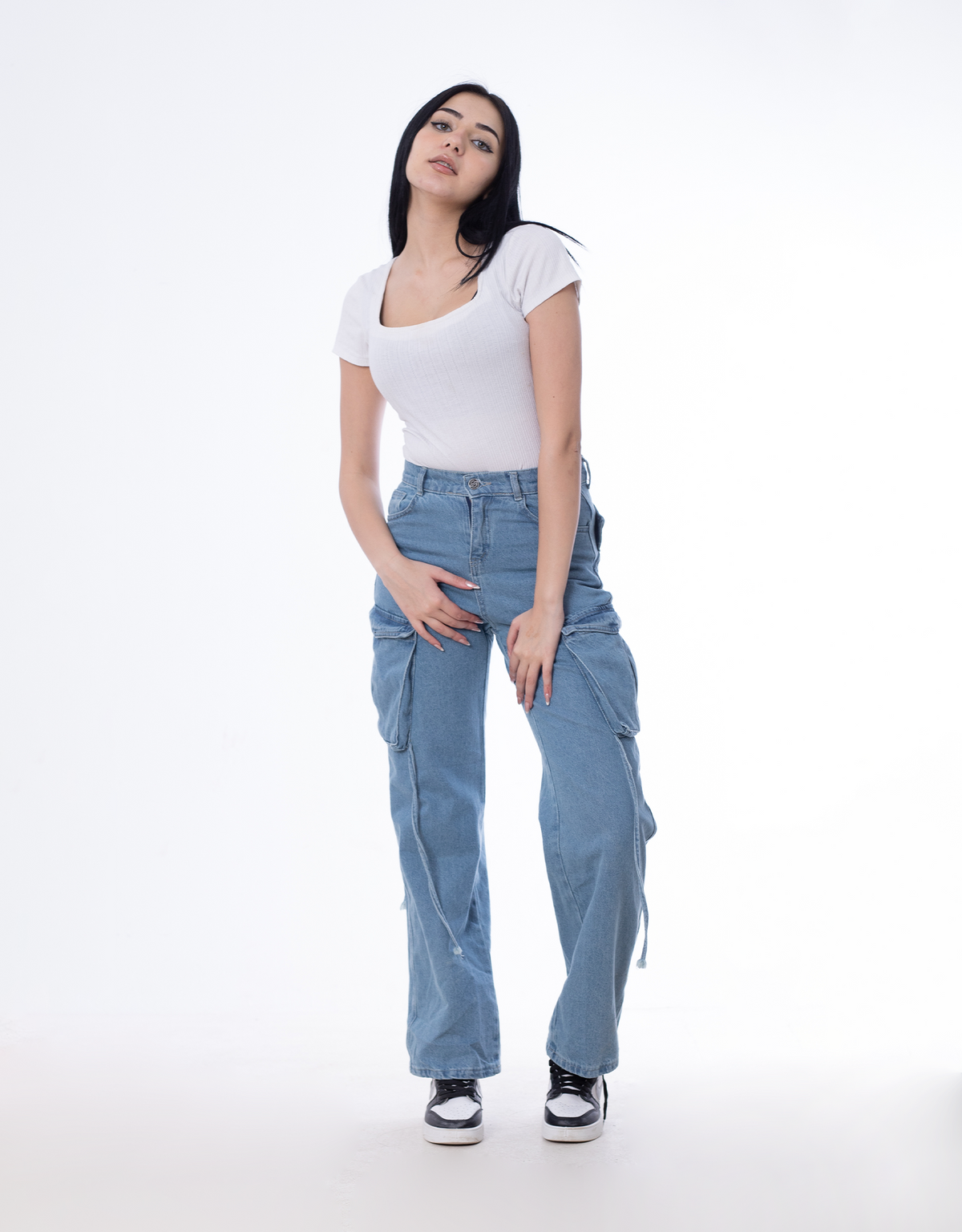 High Waist Flap Cargo Pocket Medium Blue Jeans Pants OB-630B