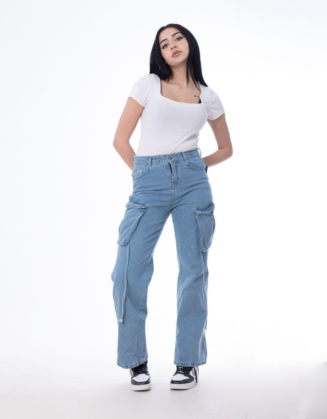 High Waist Flap Cargo Pocket Medium Blue Jeans Pants OB-630B