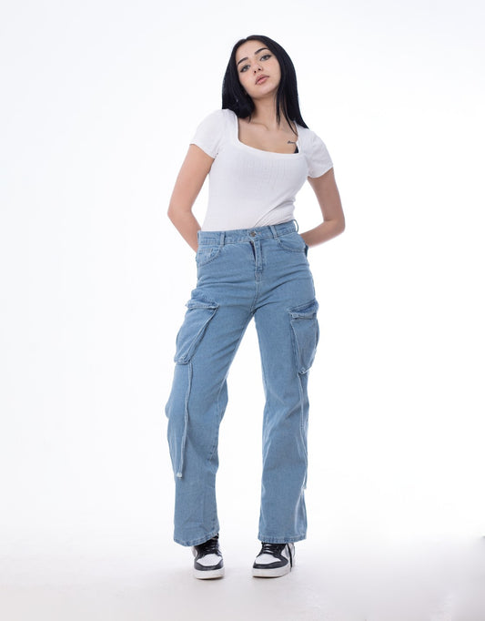High Waist Flap Cargo Pocket Medium Blue Jeans Pants OB-630B