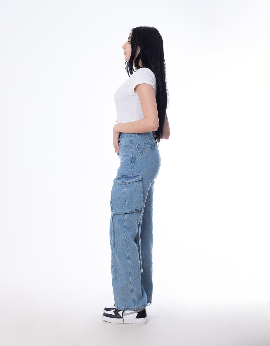 High Waist Flap Cargo Pocket Medium Blue Jeans Pants OB-630B