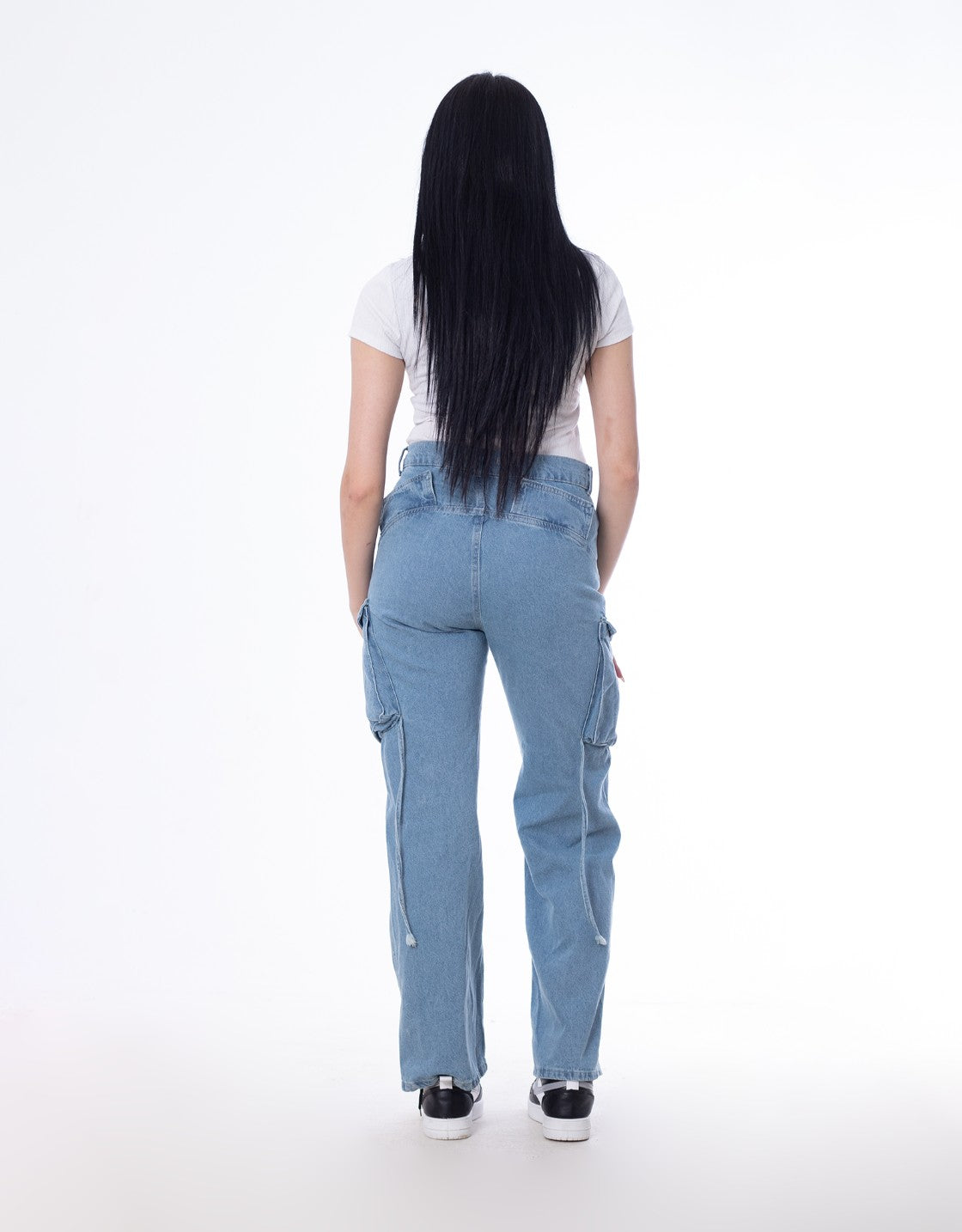 High Waist Flap Cargo Pocket Medium Blue Jeans Pants OB-630B