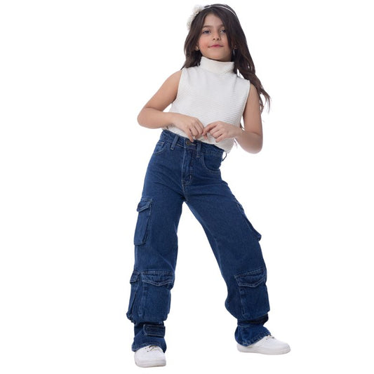 High waist Flap Pocket Cargo Glued Bottom Dark Blue Jeans Pants OB-624A