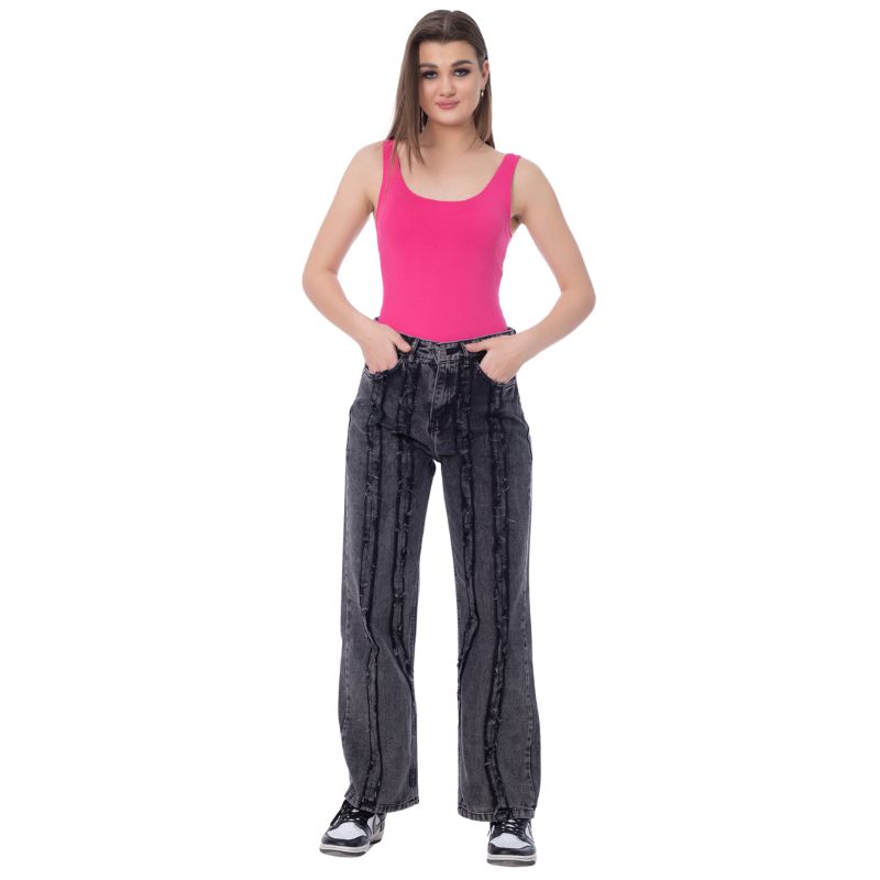 Straight Fringe Long Lines Jeans Pants Dark Grey Color OB-639BBL