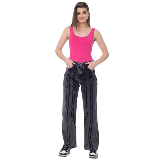 Straight Fringe Long Lines Jeans Pants Dark Grey Color OB-639BBL