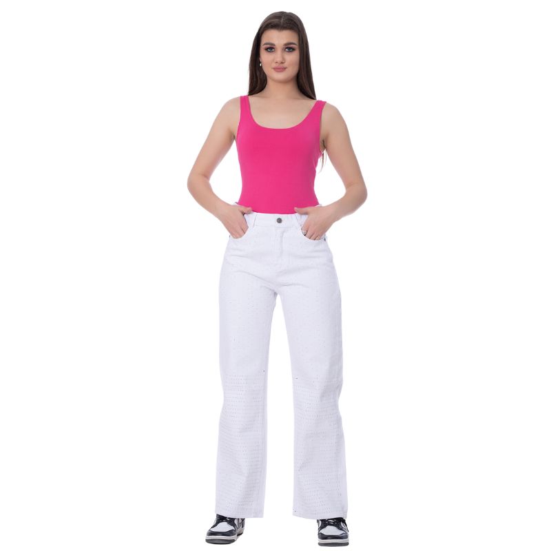 Strass Studded Jeans Pants White Color OBS-350W