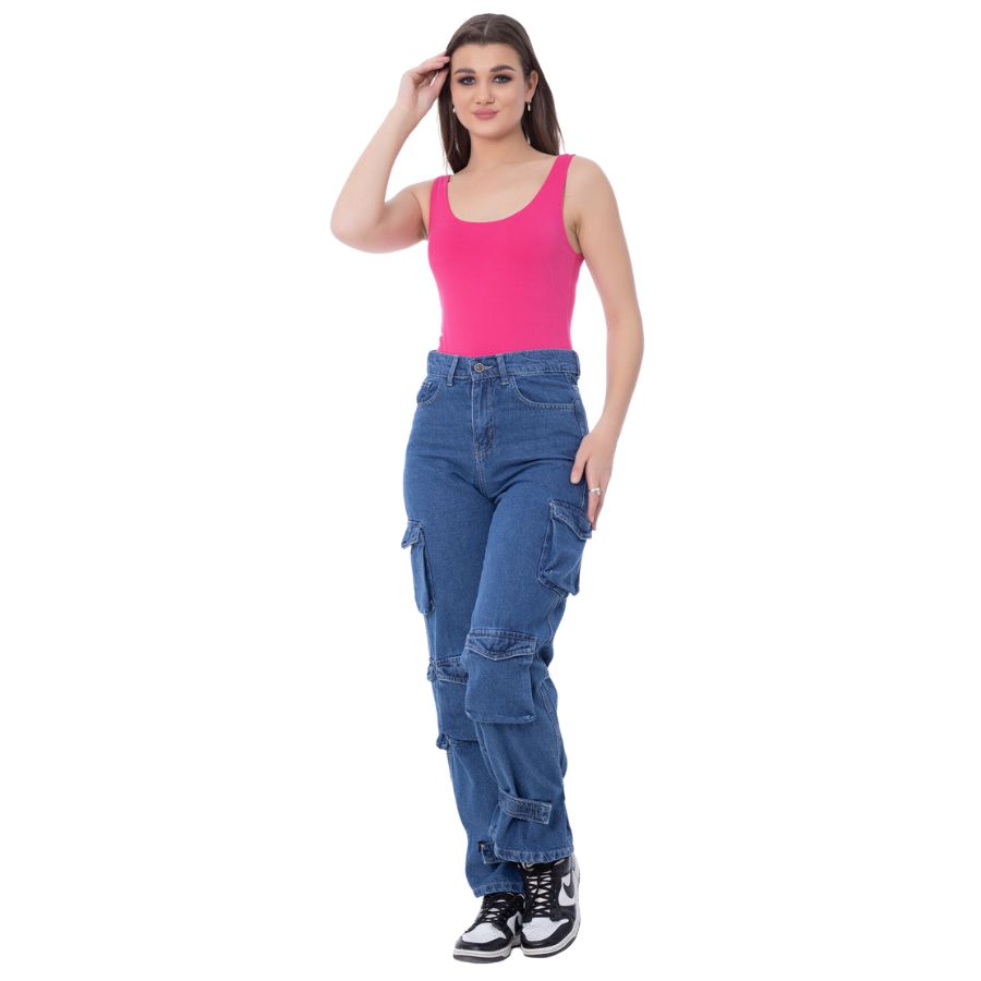High Waist Flap Pocket Cargo Glued Bottom Dark Blue Jeans Pants OB-628A