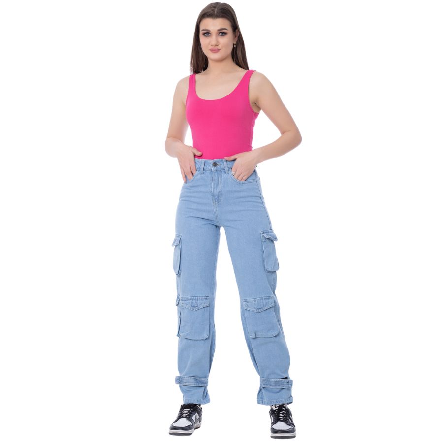 High Waist Flap Pocket Cargo Glued Bottom Light Blue Jeans Pants OB-628C