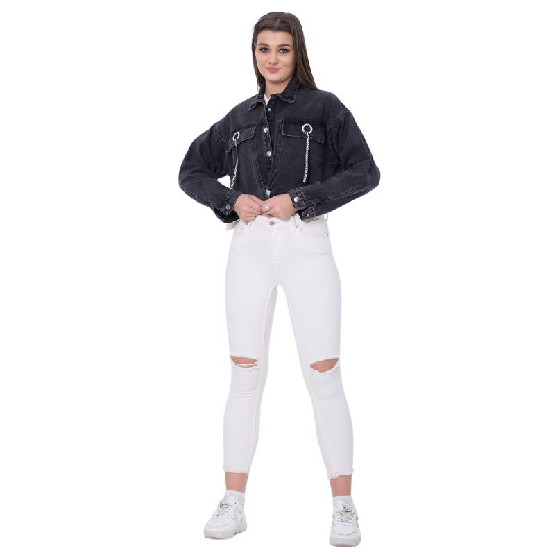Cropped Jeans Jacket Dark Grey Color OJ-537BBL