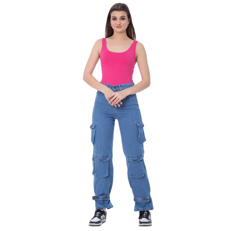 High Waist Flap Pocket Cargo Glued Bottom Medium Blue Jeans Pants OB-628B