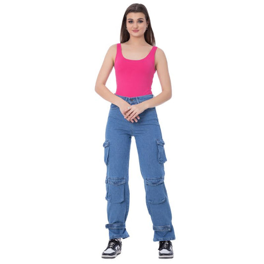 High Waist Flap Pocket Cargo Glued Bottom Medium Blue Jeans Pants OB-628B