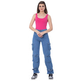 High Waist Flap Pocket Cargo Glued Bottom Medium Blue Jeans Pants OB-628B