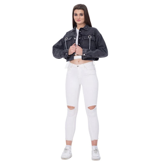 Cropped Jeans Jacket Light Grey Color OJ-537CBL
