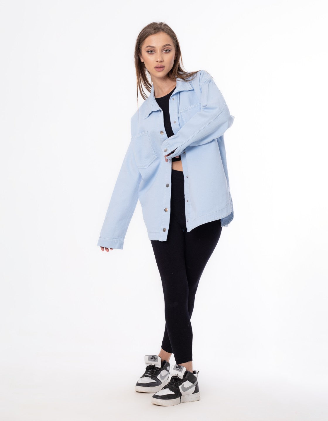 Gabardine Jacket With Pockets Front Buttons Baby Blue Color OJ-512BB