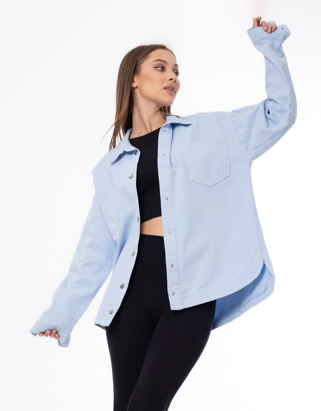 Gabardine Jacket With Pockets Front Buttons Baby Blue Color OJ-512BB