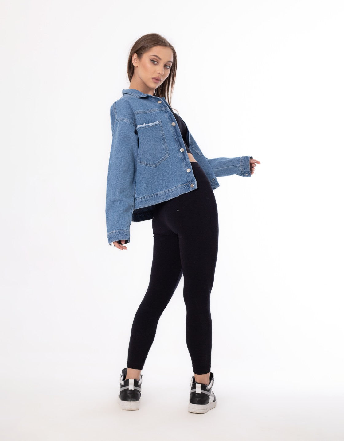 jeans Jacket Pocket Embellished Drop Shoulder Dark Blue OJ-542A