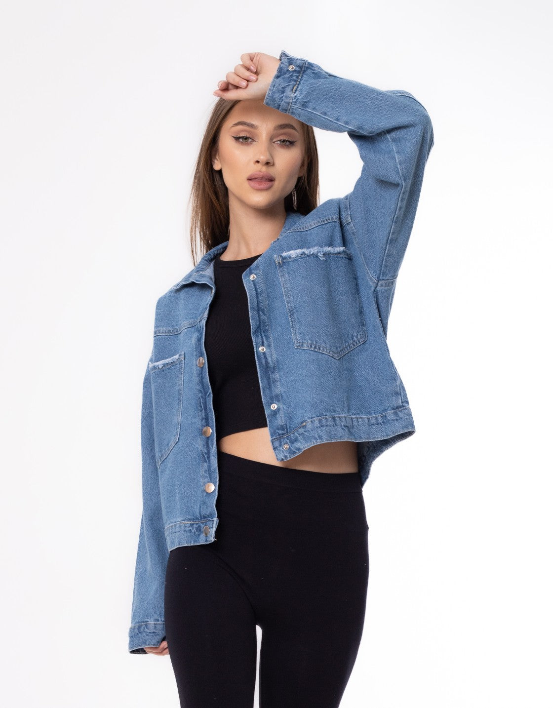 jeans Jacket Pocket Embellished Drop Shoulder Dark Blue OJ-542A