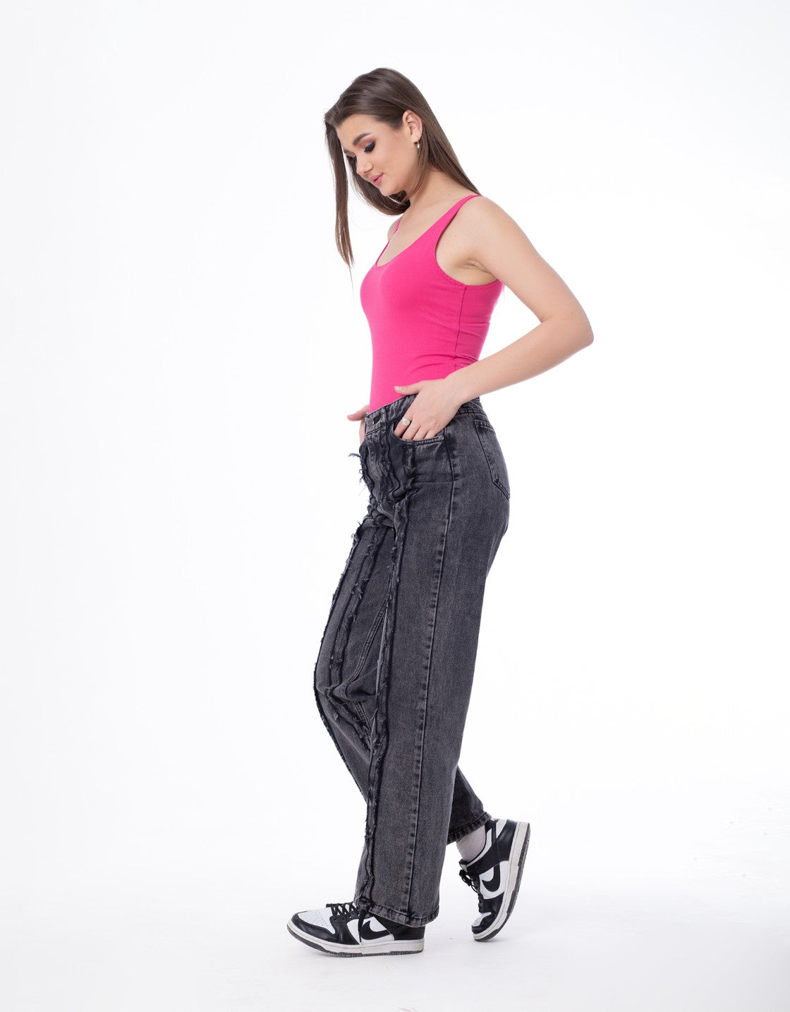 Straight Fringe Long Lines Jeans Pants Dark Grey Color OB-639BBL