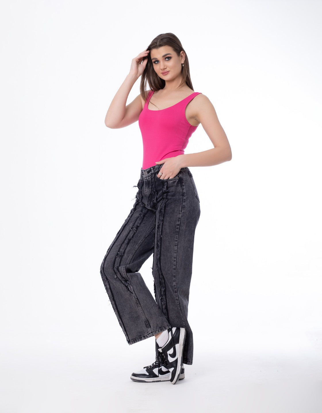 Straight Fringe Long Lines Jeans Pants Dark Grey Color OB-639BBL