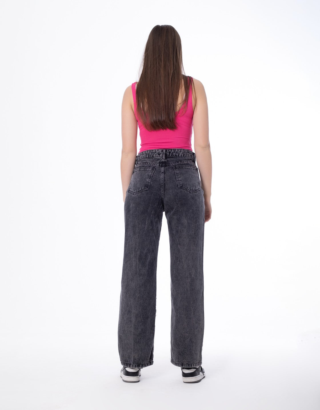 Straight Fringe Long Lines Jeans Pants Dark Grey Color OB-639BBL
