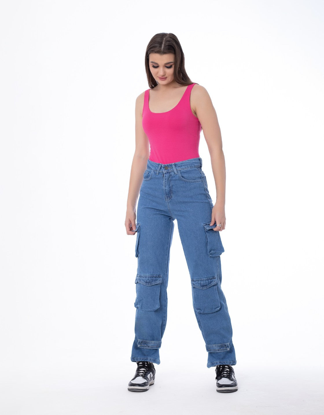 High Waist Flap Pocket Cargo Glued Bottom Medium Blue Jeans Pants OB-628B