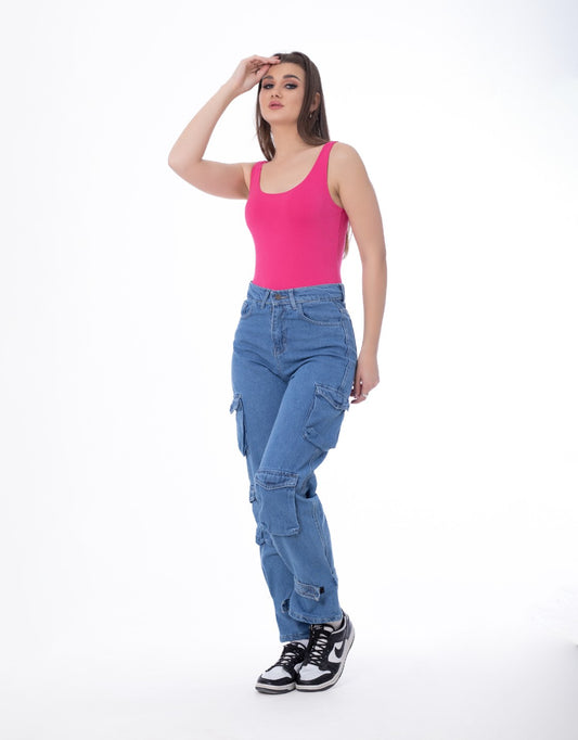 High Waist Flap Pocket Cargo Glued Bottom Medium Blue Jeans Pants OB-628B
