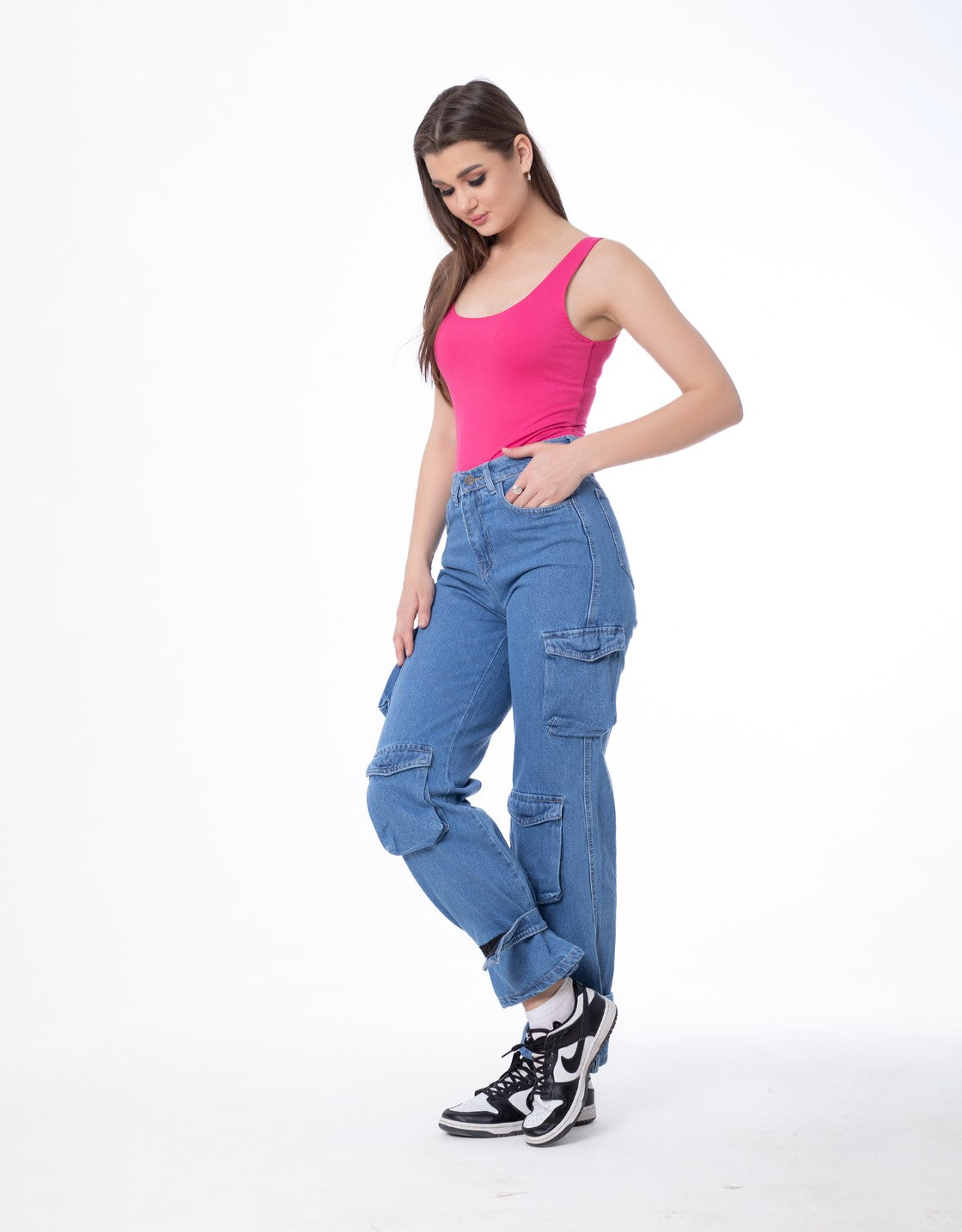 High Waist Flap Pocket Cargo Glued Bottom Medium Blue Jeans Pants OB-628B