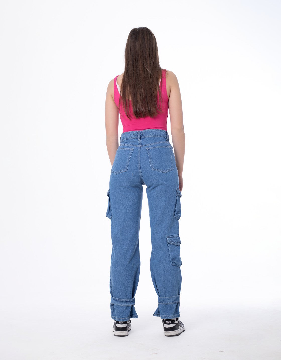 High Waist Flap Pocket Cargo Glued Bottom Medium Blue Jeans Pants OB-628B