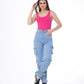 High Waist Flap Pocket Cargo Glued Bottom Light Blue Jeans Pants OB-628C
