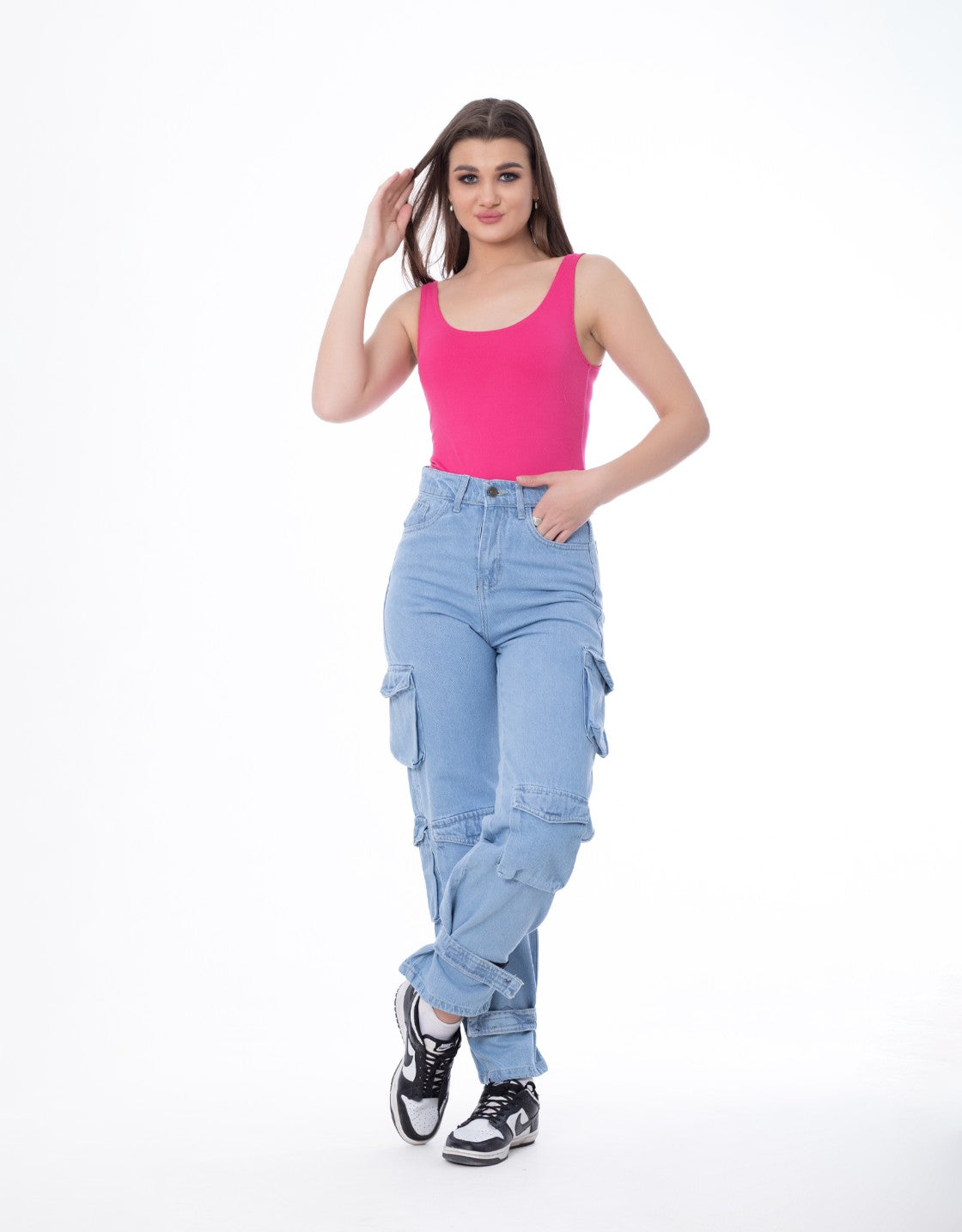 High Waist Flap Pocket Cargo Glued Bottom Light Blue Jeans Pants OB-628C