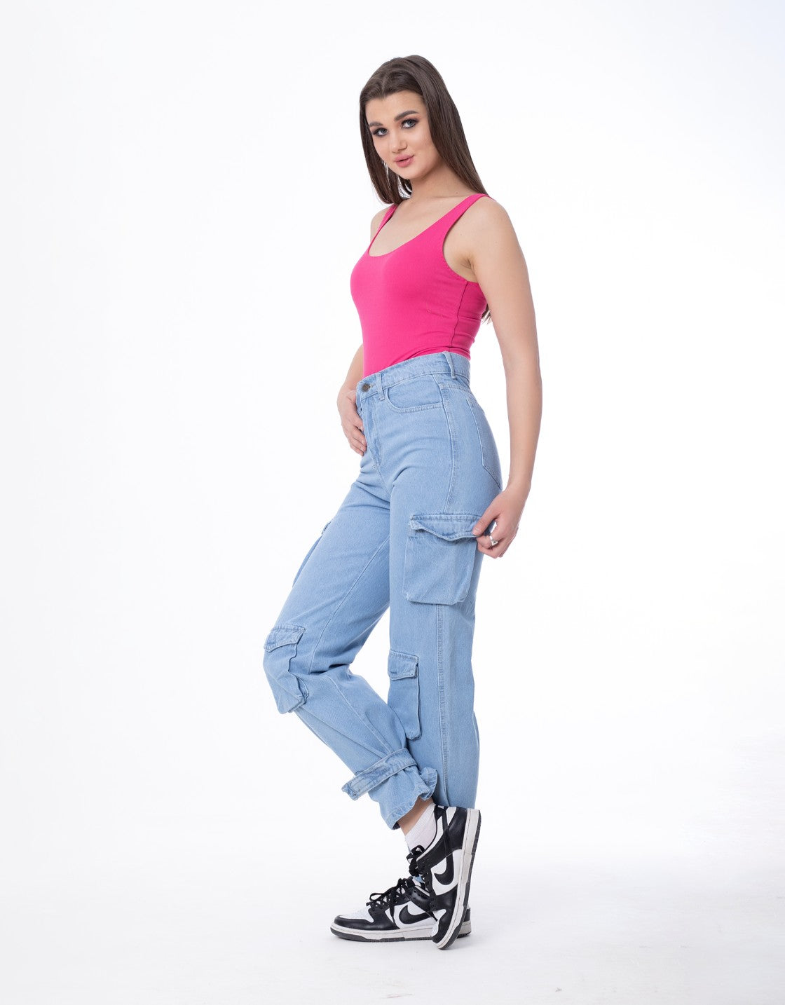 High Waist Flap Pocket Cargo Glued Bottom Light Blue Jeans Pants OB-628C