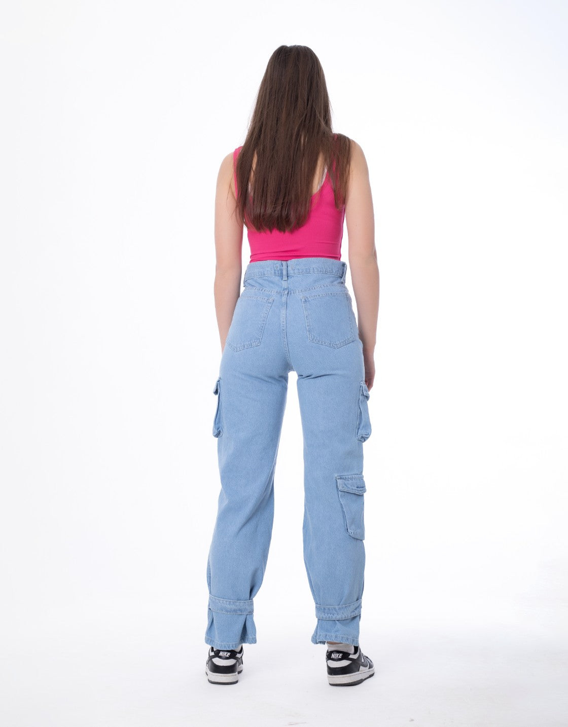 High Waist Flap Pocket Cargo Glued Bottom Light Blue Jeans Pants OB-628C