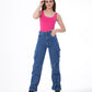 High Waist Flap Pocket Cargo Glued Bottom Dark Blue Jeans Pants OB-628A