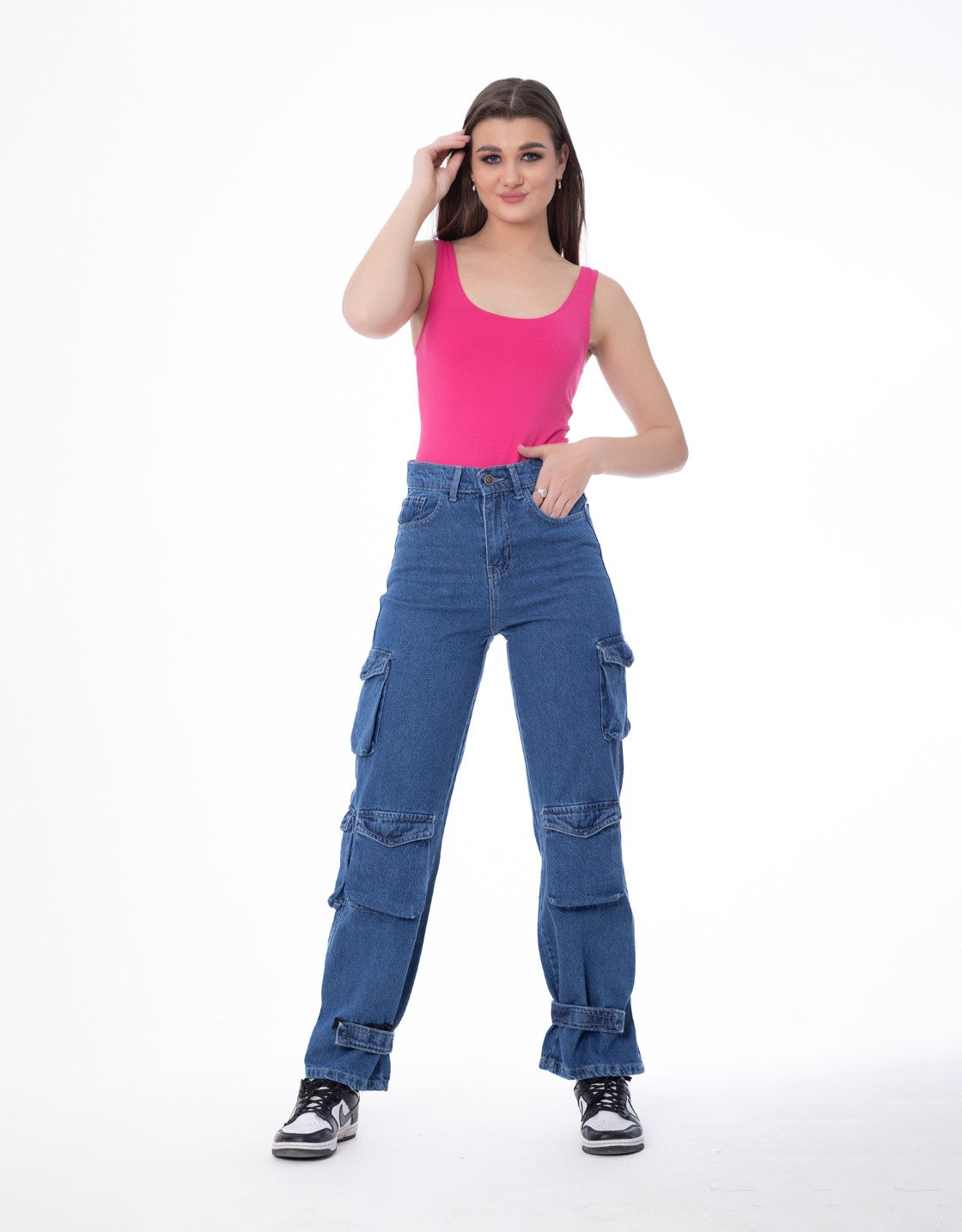 High Waist Flap Pocket Cargo Glued Bottom Dark Blue Jeans Pants OB-628A