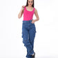 High Waist Flap Pocket Cargo Glued Bottom Dark Blue Jeans Pants OB-628A