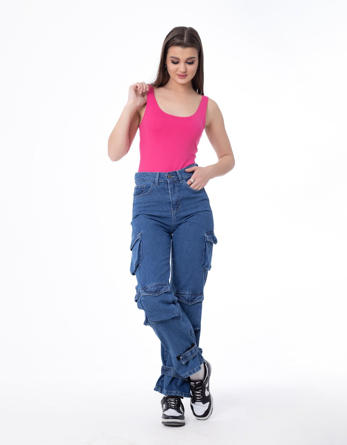 High Waist Flap Pocket Cargo Glued Bottom Dark Blue Jeans Pants OB-628A