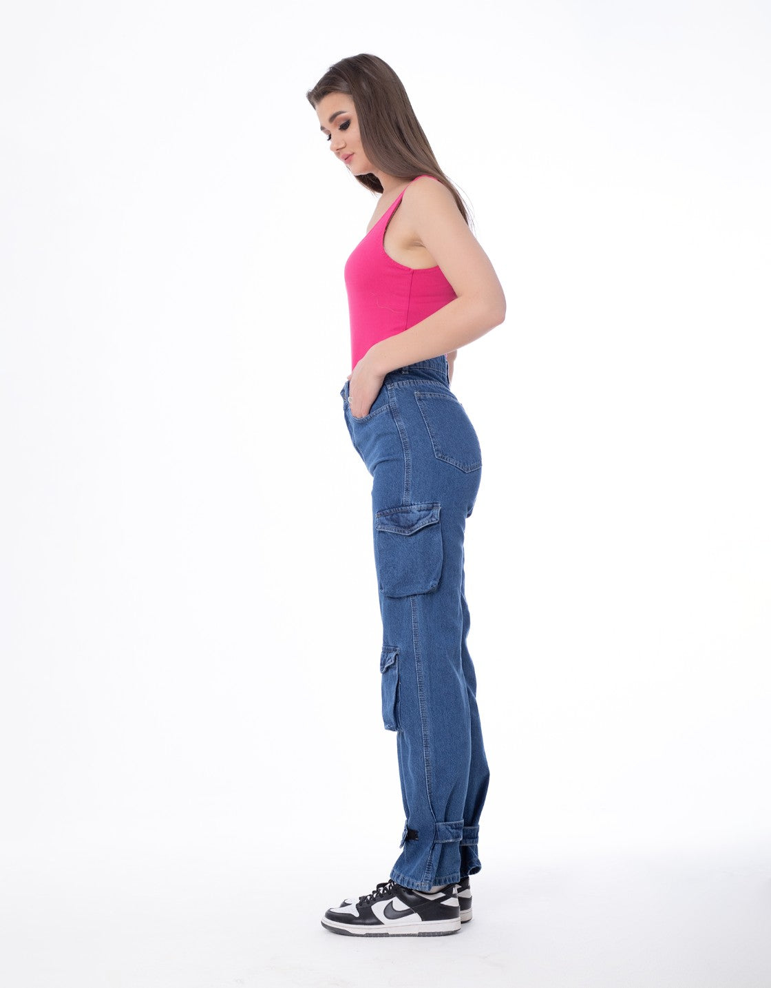 High Waist Flap Pocket Cargo Glued Bottom Dark Blue Jeans Pants OB-628A