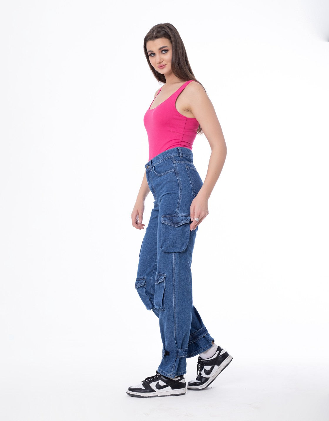 High Waist Flap Pocket Cargo Glued Bottom Dark Blue Jeans Pants OB-628A