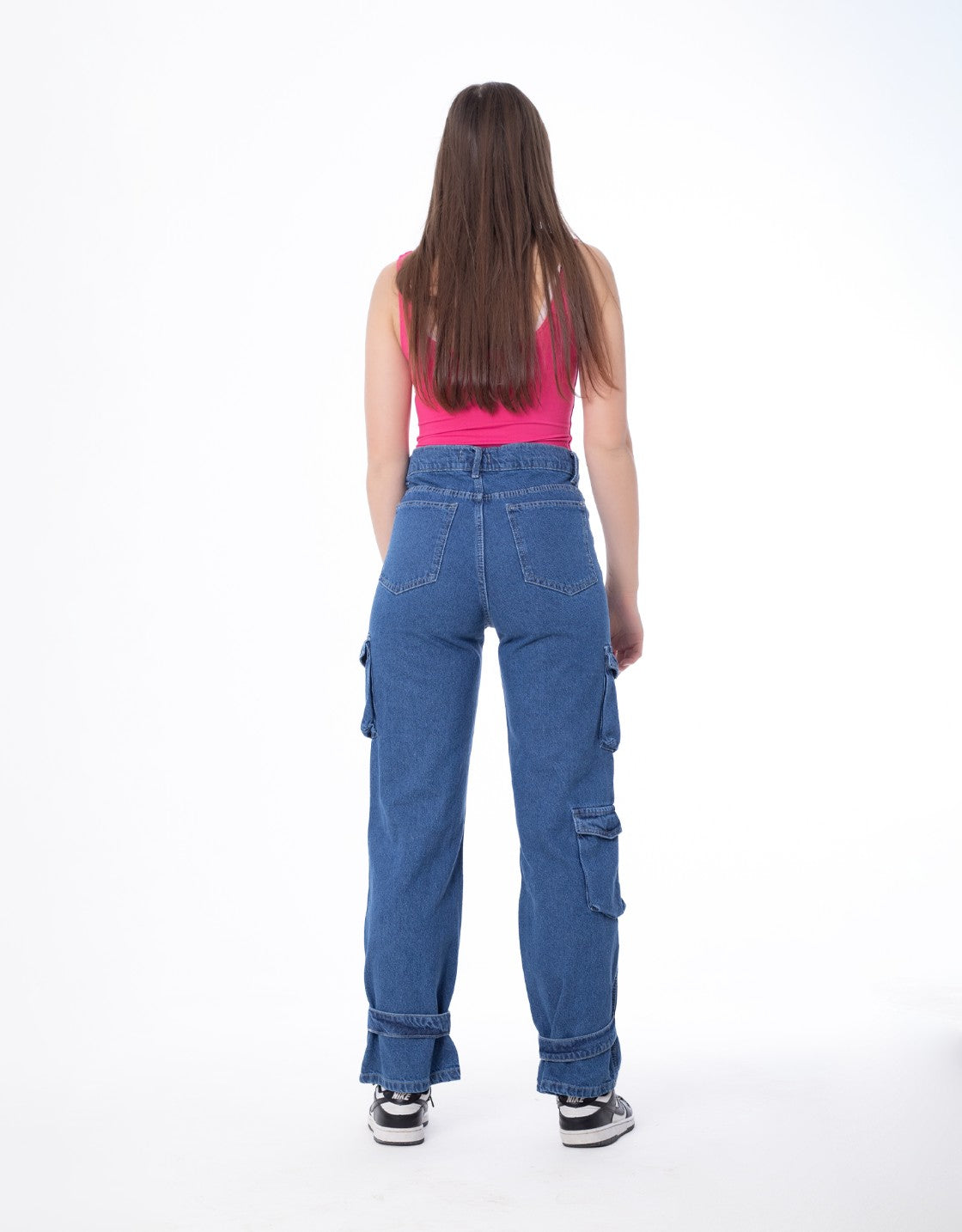 High Waist Flap Pocket Cargo Glued Bottom Dark Blue Jeans Pants OB-628A