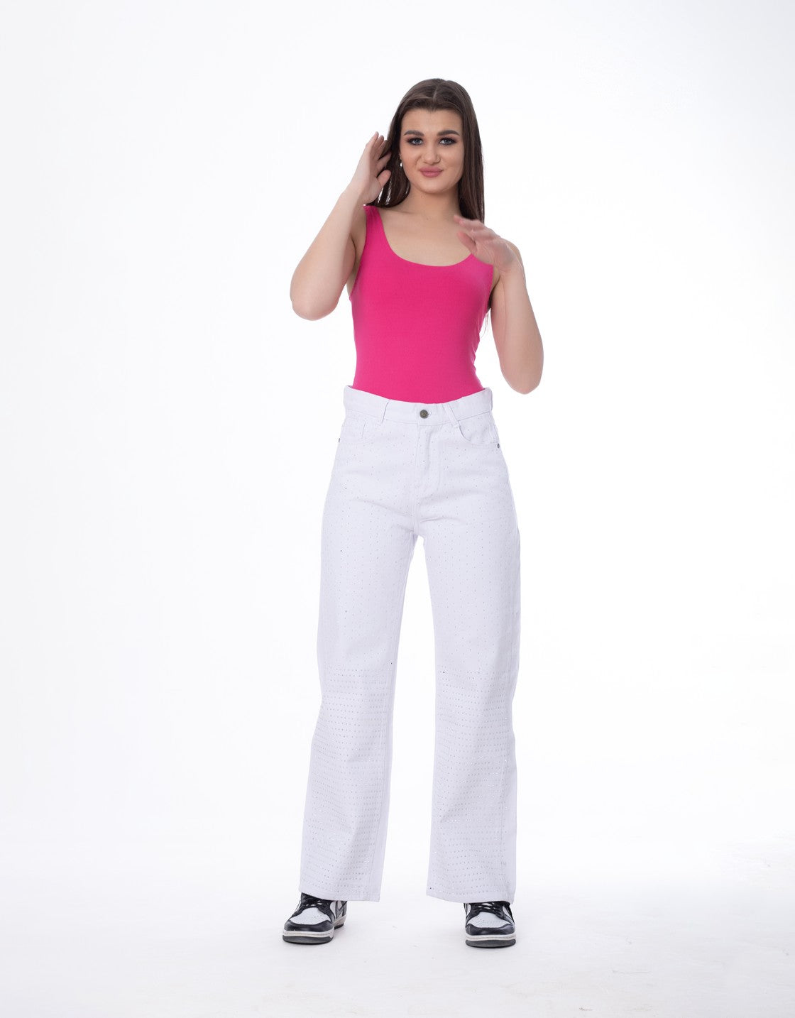Strass Studded Jeans Pants White Color OBS-350W